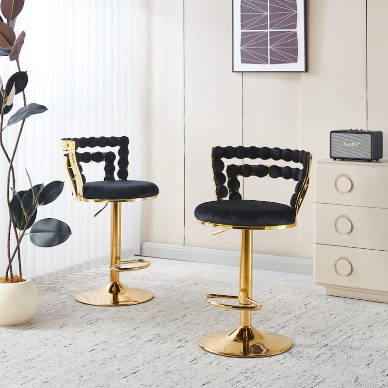 Set of 2 Modern Bar Chair with Golden Color Iron Tube Legs, Soft Cushions and Comfortable Backrest - Black