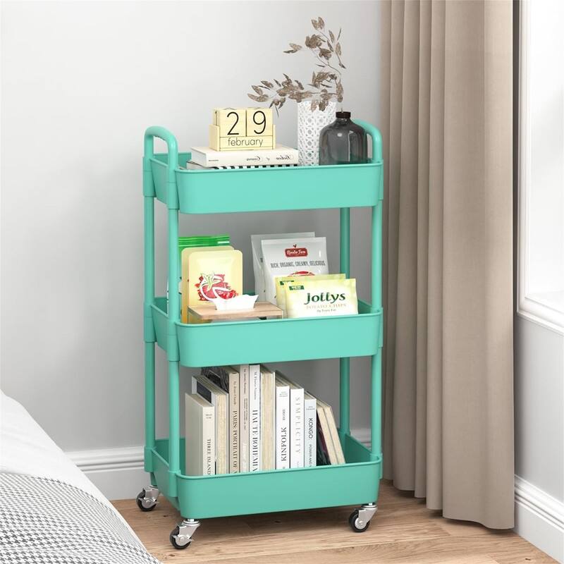 3-Tier Plastic Rolling Utility Cart - 11.42"D x 15.35"W x 29.92"H - Green