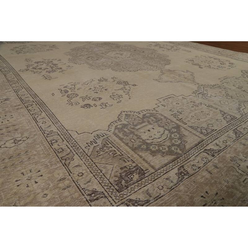 Geometric Beige Tabriz Persian Vintage Rug Handmade Wool Carpet - 8'11" x 11'5"