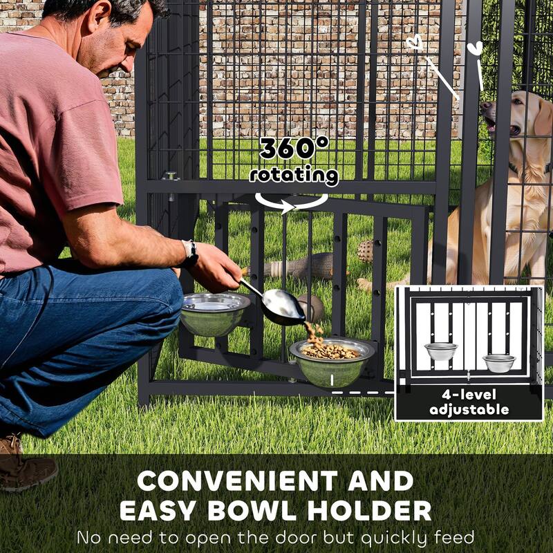 PawHut 7.9' x 4' x 6' Outdoor Dog Kennel, Welded Wire Heavy Duty Dog Run with 360° Rotating & 4 Level Adjustable Bowls