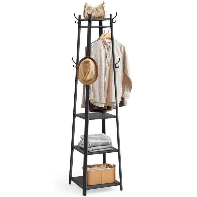Modern Farmhouse Coat Rack with 3 Rustic Wood Shelves and 8 Hooks for Entryway Storage - 70.9'' H x 16.9'' W x 16.9'' D