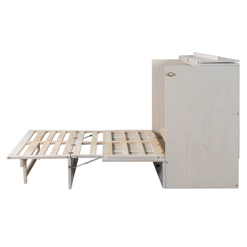 Space-Saving Full Size Murphy Bed with USB Ports and Storage Drawers, Brushed White