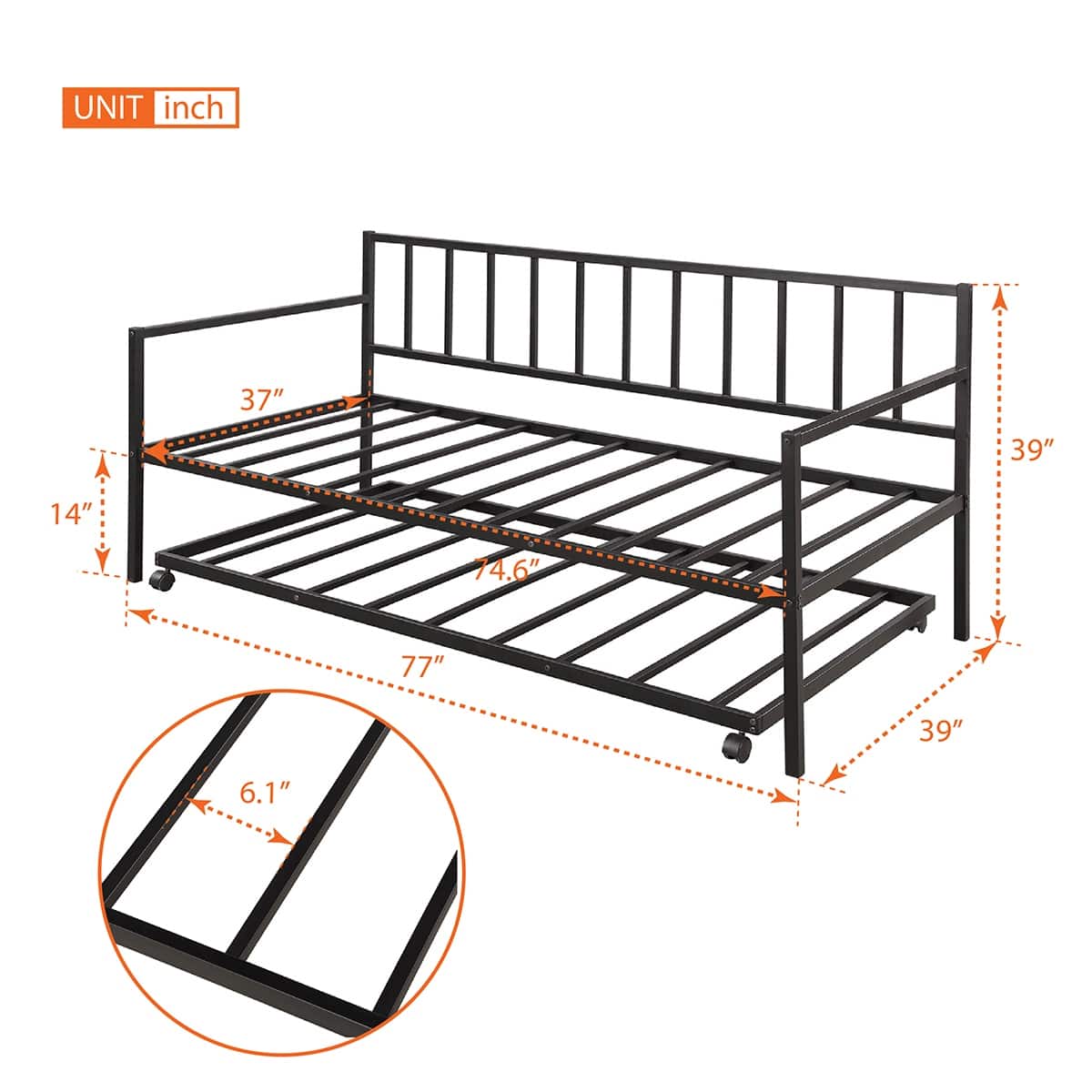 Black Metal Twin Daybed with Trundle Sturdy Frame, Multifunctional