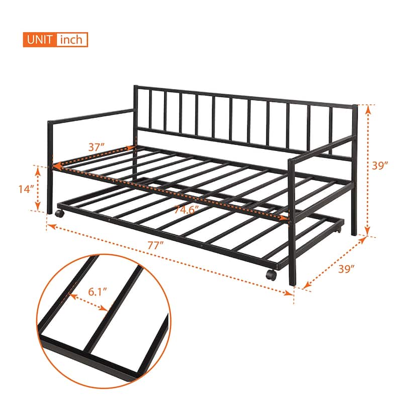 Multifunctional Metal Twin Daybed with Trundle for Living Room, Guest Room or Kids Bedroom