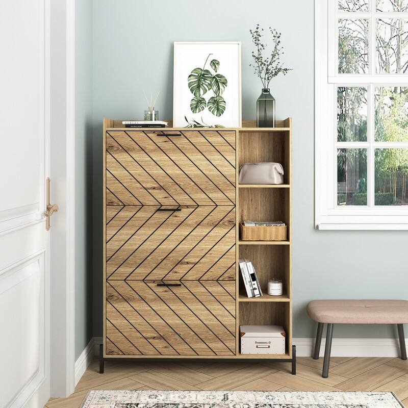 Shoe Cabinet with 3 Flip Drawers and Open Shelves
