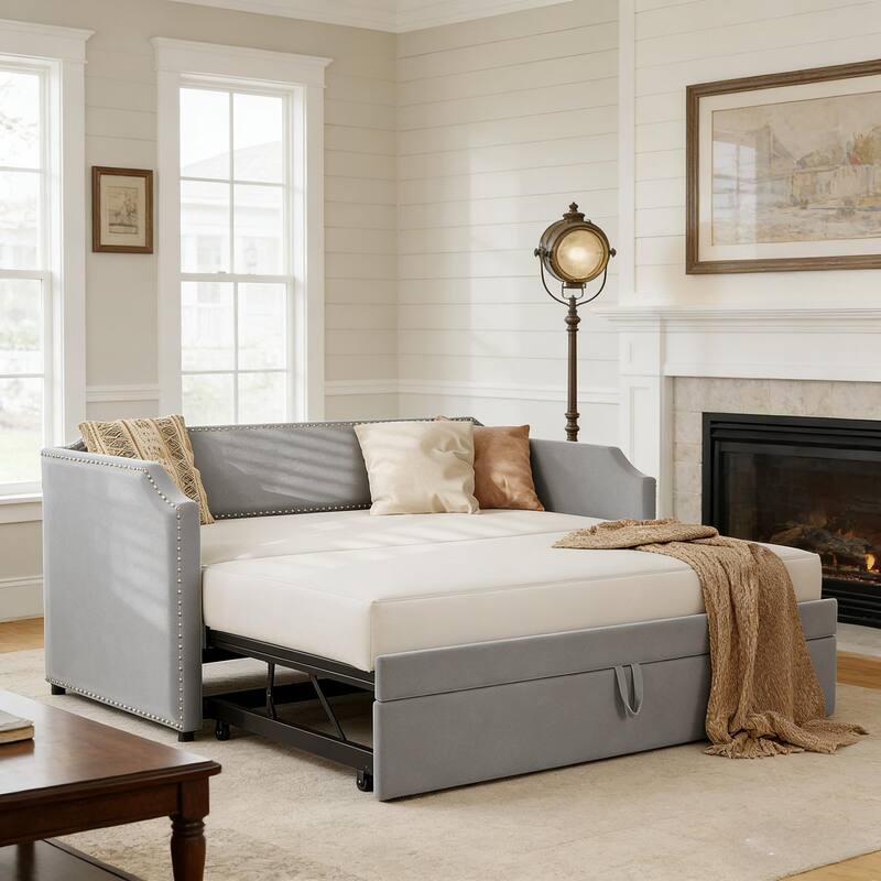 Extendable 2-in-1 Daybed Frame, Space-Saving Twin to King Design,Twin Size Velvet Upholstered Daybed with Pop Up Trundle