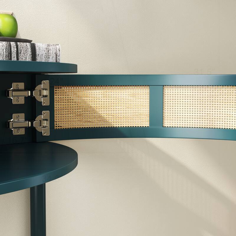 Charming Half Moon Console Table with Rattan Doors and Multiple Storage Options