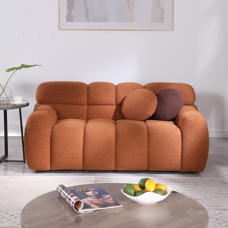 3 Seat Boucle Sofa with Two Pillows - Brown