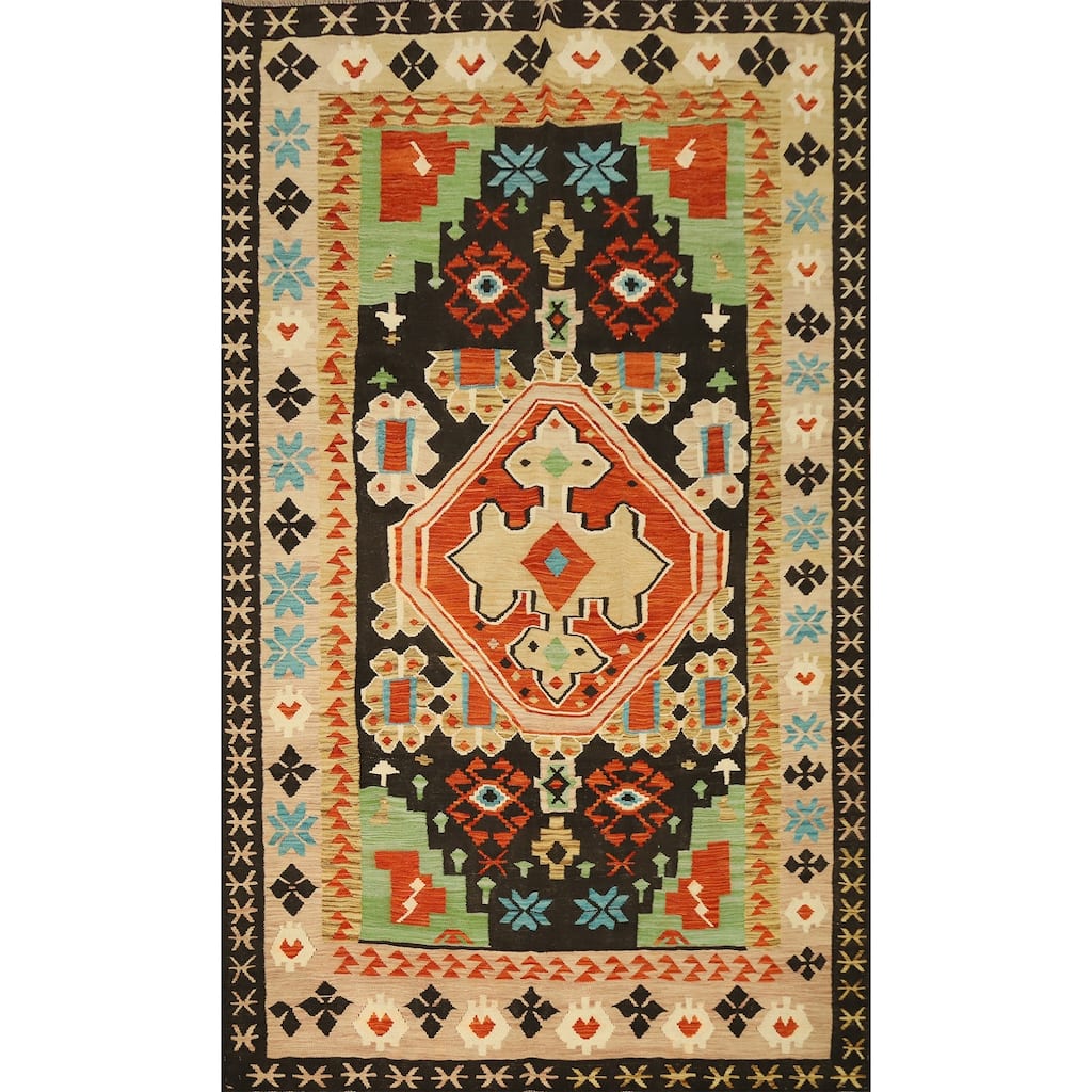 Hand Woven Oriental 100% Wool Carpet Southwestern Tribal Black Kilim Area Rug - 9' 8'' X 6' 4''