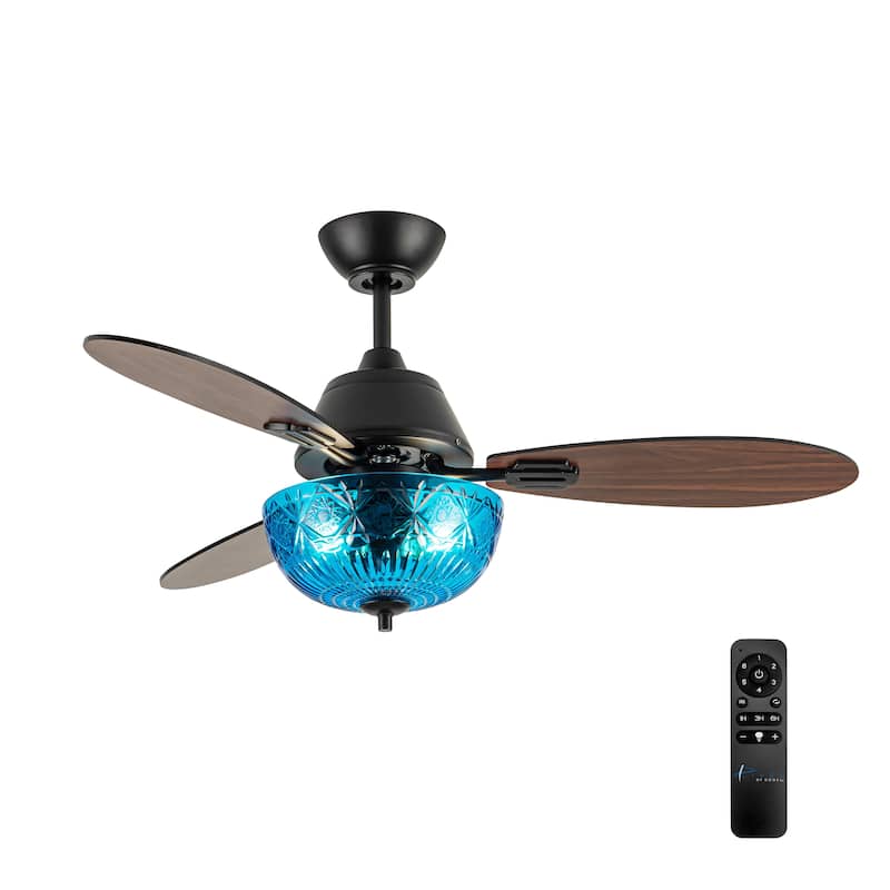 Maisie River of Goods 3-blade 42-inch Modern Indoor Ceiling Fan with Blue Hand-Cut Glass Globe Shade and Remote Control - 42" x 42" x 18.75" - Blue/Black - Remote