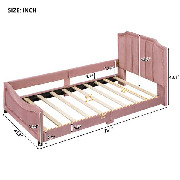 dimension image slide 3 of 6, Casual Upholstered Daybed with Guardrail, Classic Headboard Footboard