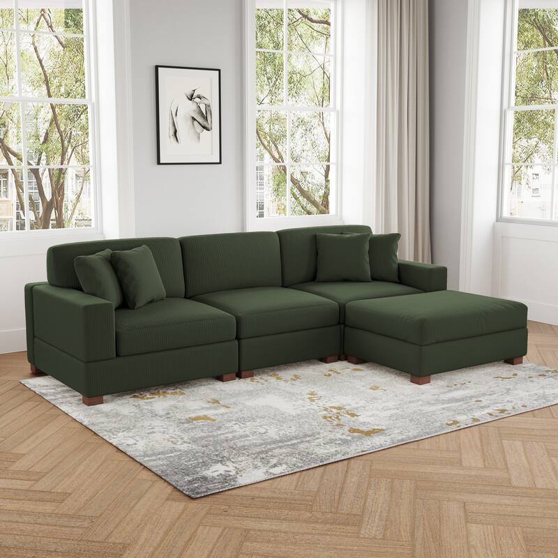 Ella 82" W/ 118" W Corduroy Modular Sectional Sofa with Ottoman
