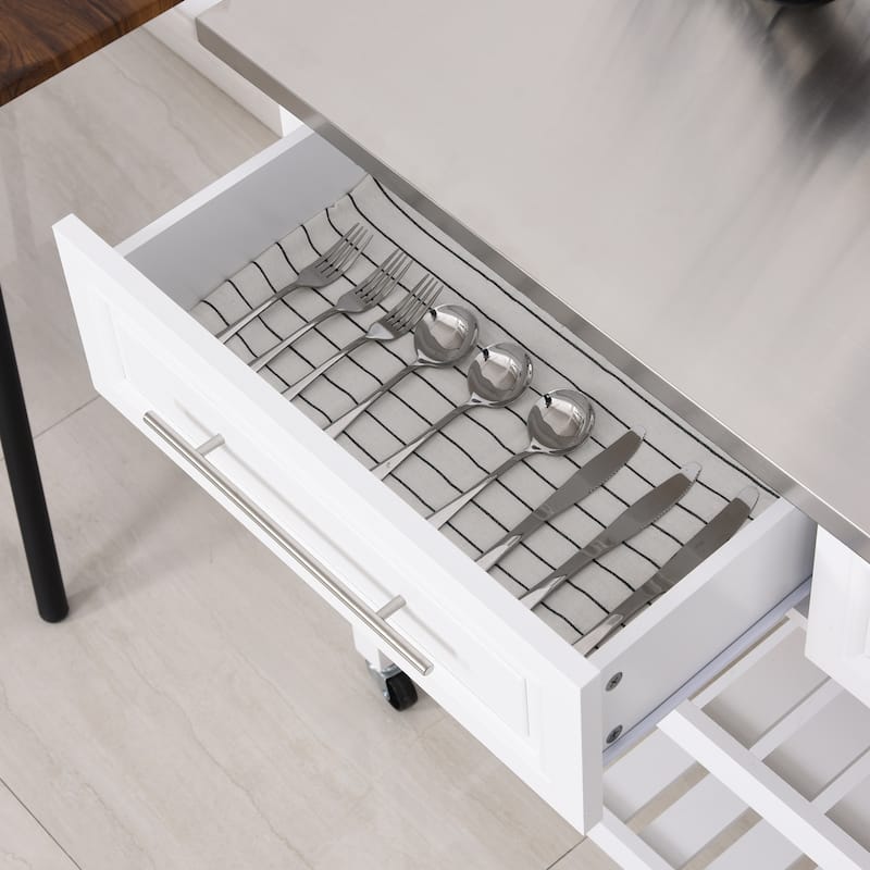 Kitchen Island with Stainless Steel Top, Kitchen Cabinet with 3-Tier Storage, Kitchen Cart with Pull-Out Drawers