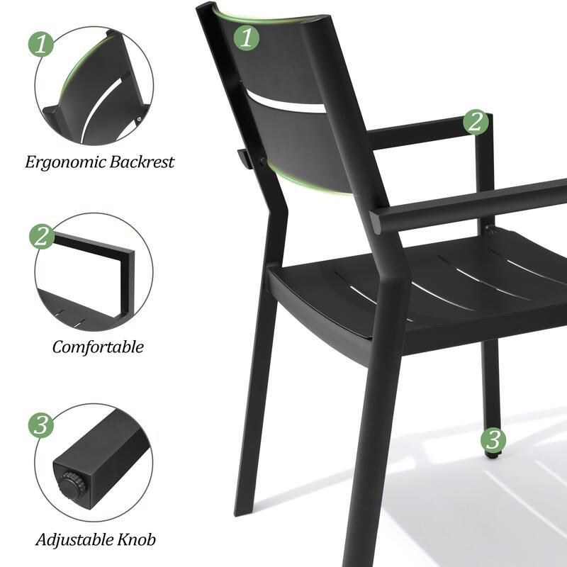 Patio Outdoor Aluminum Dining Set with Umbrella Hole with Stackable Armchairs