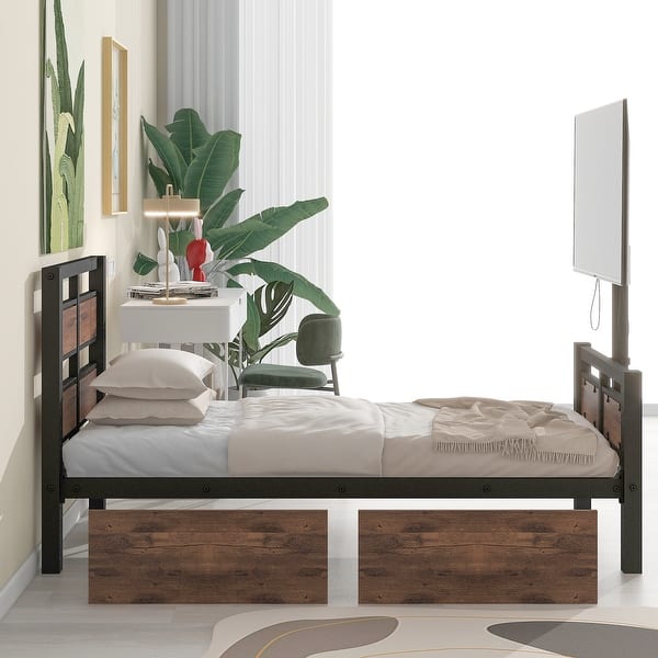 slide 2 of 13, Black Twin Size Metal Platform Bed w/ Rotatable TV Stand Storage Bed Frame Black