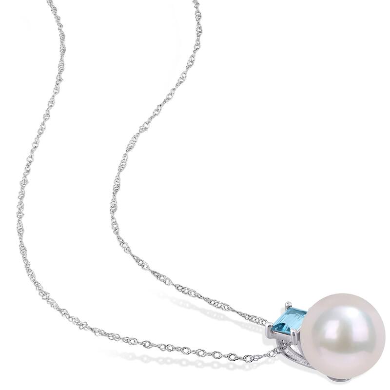 Miadora 10k White Gold Freshwater Cultured Pearl & London-Blue Topaz Solitaire Necklace (11-12mm) - 15.7 mm x 17 inch x 11.5 mm