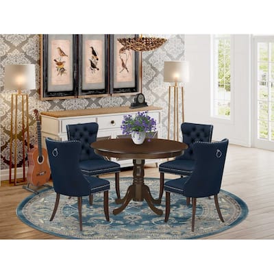 Round Pedestal Dining Table Set for 4 - Kitchen Table with Chairs, Navy Blue & Mahogany Finish