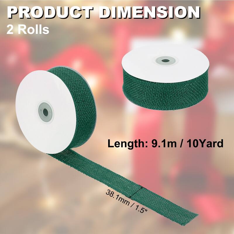 Burlap Fabric Ribbon 2pcs Jute Crafts Roll Wrapping - Green - 1.5 Inch x 10 Yards