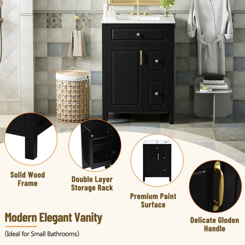 Compact 24" Freestanding Bathroom Cabinet with Ceramic Basin, Soft-Close Hinges, Storage Drawers & Door Racks