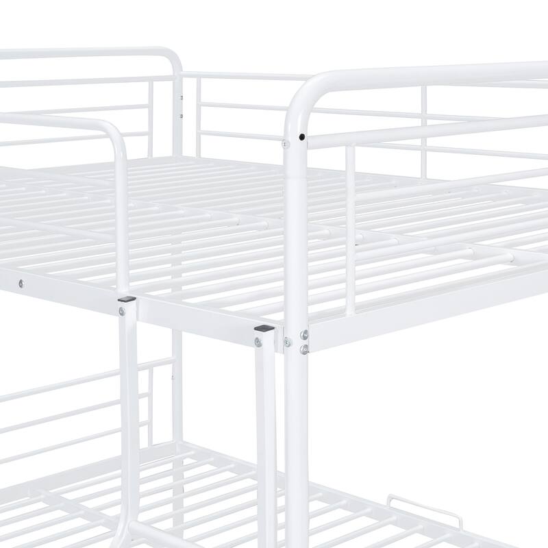Full XL Over Queen Metal Bunk Bed w/ Twin Size Trundle, Dorm Convertible Heavy-Duty Iron Bed Frame w/ Ladder & Safety Guardrails
