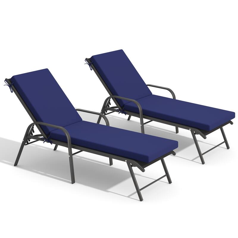Outdoor Lounge Chairs Chaise Lounge Set with Adjustable Back and Cushions - Black Fabric Chair with Navy Blue Cushion