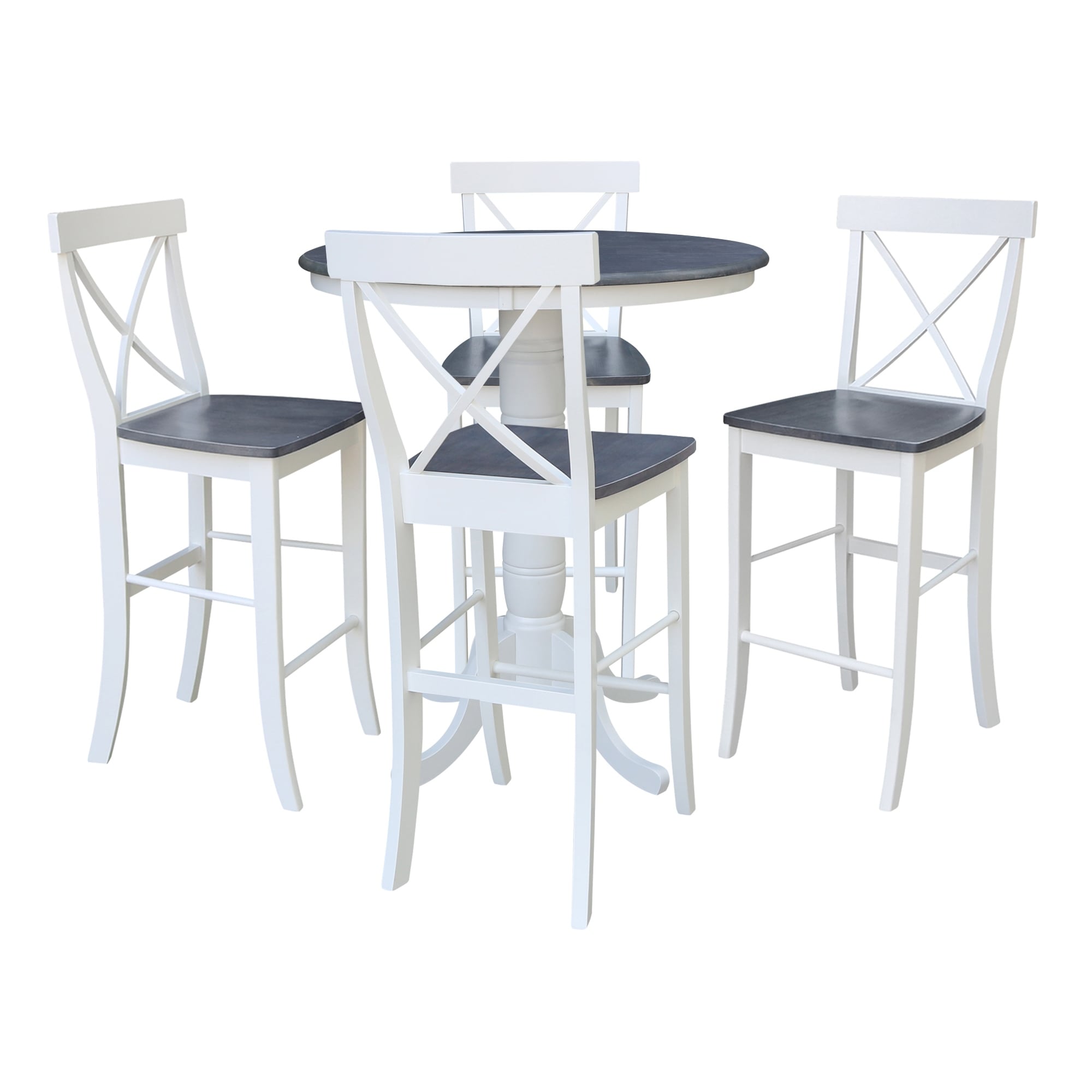 36 in Solid Wood Round Pedestal Gathering Height Dining Table with 4 X-back Bar Height Stools