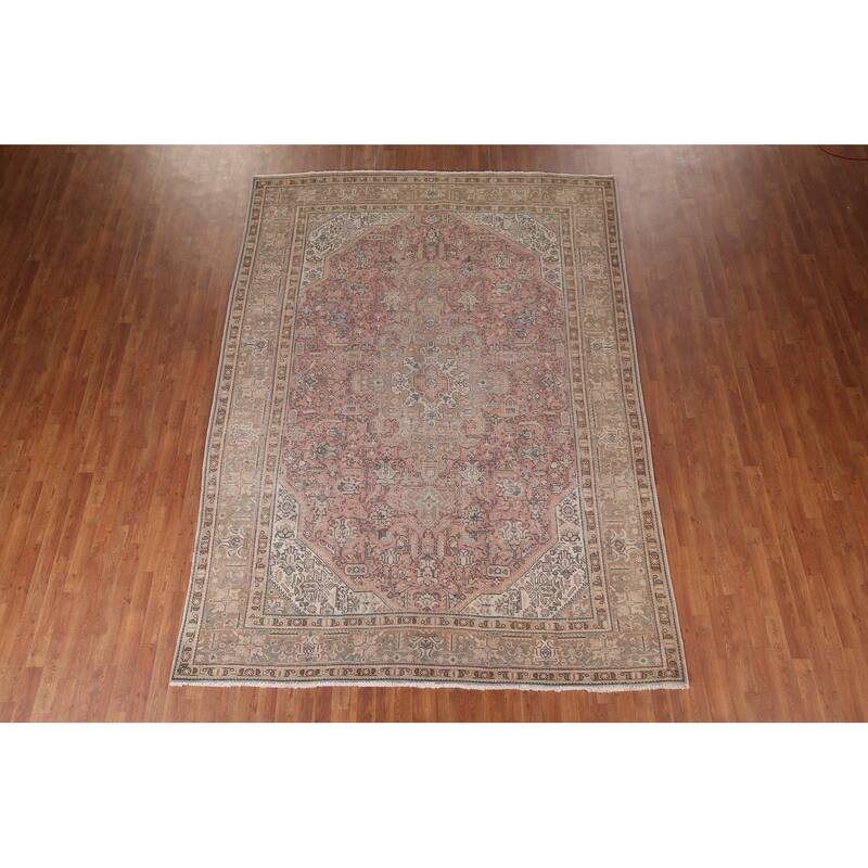 Pink Geometric Mashad Persian Vintage Area Rug Handmade Wool Carpet - 8'1"x 11'1"