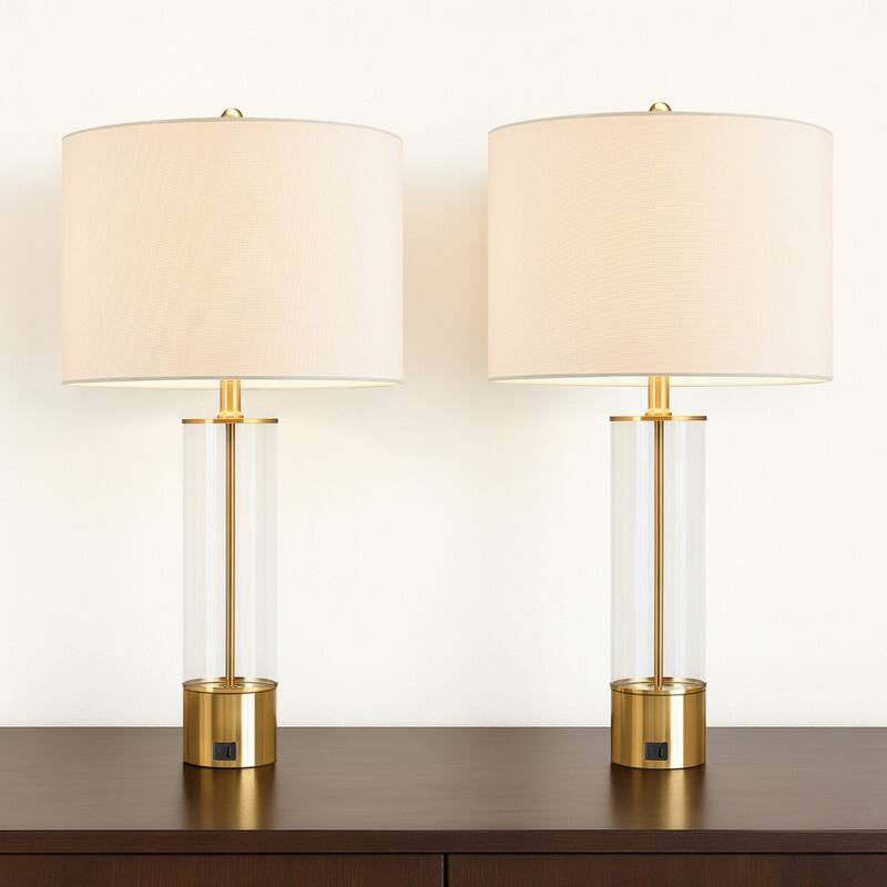 3-Way USB Table Lamp Set of 2 with White Shades - 25.5 in. H - 25.5 in. H - Brass