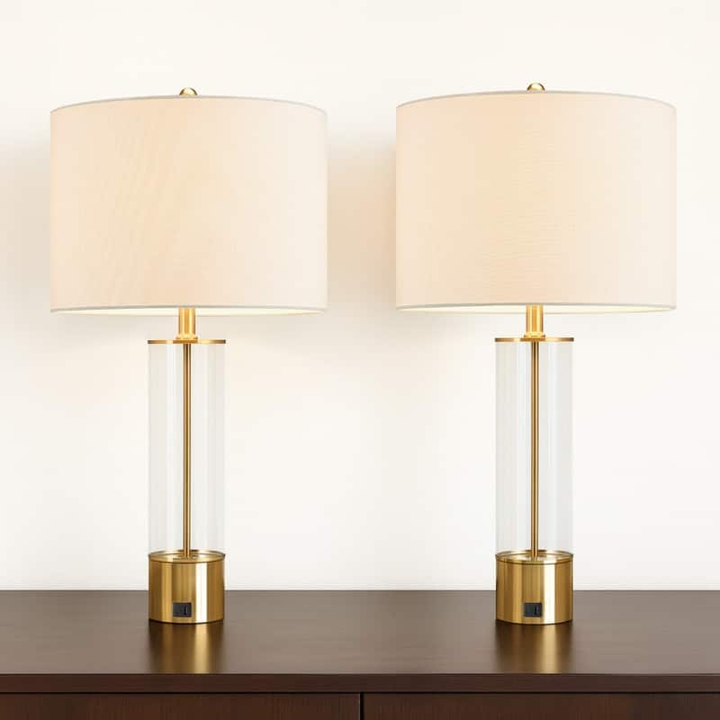 3-Way USB Table Lamp Set of 2 with White Shades - 25.5 in. H