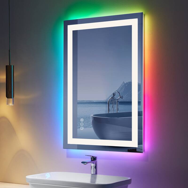KIOTEE Rectangular LED Frontlit & RGB Backlit Anti-Fog Tempered Glass Bathroom Vanity Mirror with ETL and 3-Year Warranty - 36x24