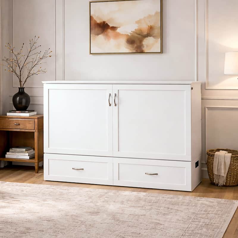 Hamilton Queen Murphy Bed Chest with 6" Mattress, Storage Drawer & Built-In Charger in White