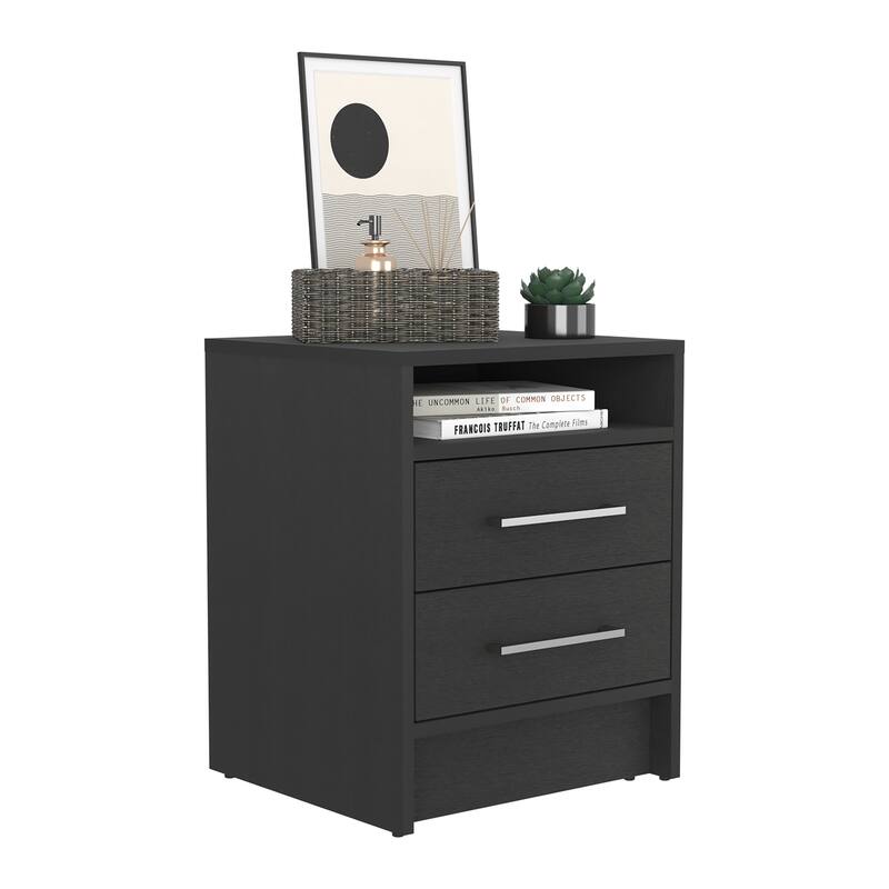 Black Nightstand with Two Drawers and Open Shelf, Metal Handles