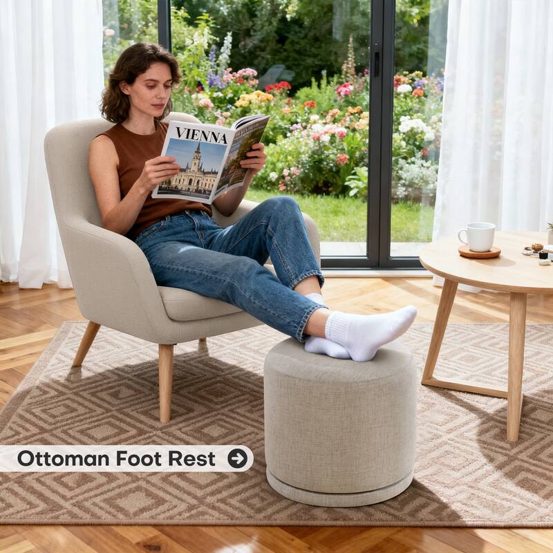 Fully Assembled Linen Round Swivel Ottoman Footstool with Acacia Hardwood Frame