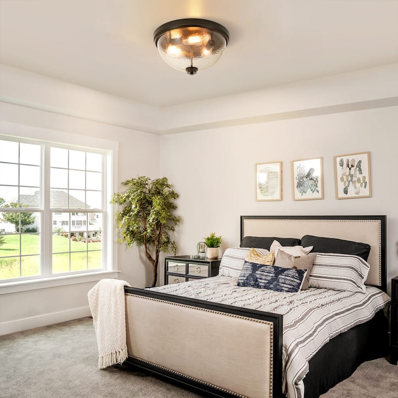 15.9" W 3-Light Vintage Matte Black Dome Metal Flush Mount Bowl Ceiling Light with Transparent Black Textured Glass for Foyer