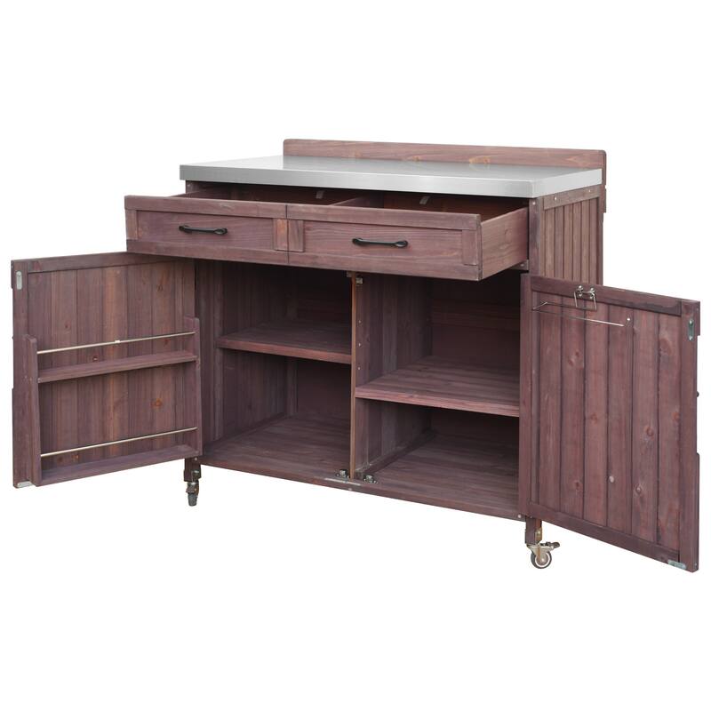 39 Inch Outdoor Kitchen Island Fir Wood Cabinet Stainless Steel Top Drawer