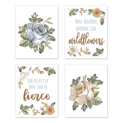Vintage Floral Blue Yellow Wall Decor Art Prints Set of 4 Green Gold Orange Beige White Shabby Chic Rose Flower Boho Bohemian