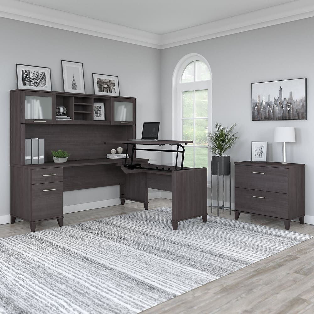 Somerset 72W Sit to Stand L Shaped Desk with Hutch and Cabinet in Gray
