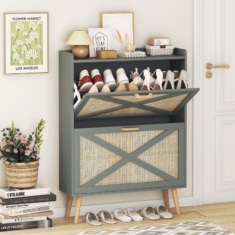 Rattan Shoe Cabinet with 2 Flip Drawers