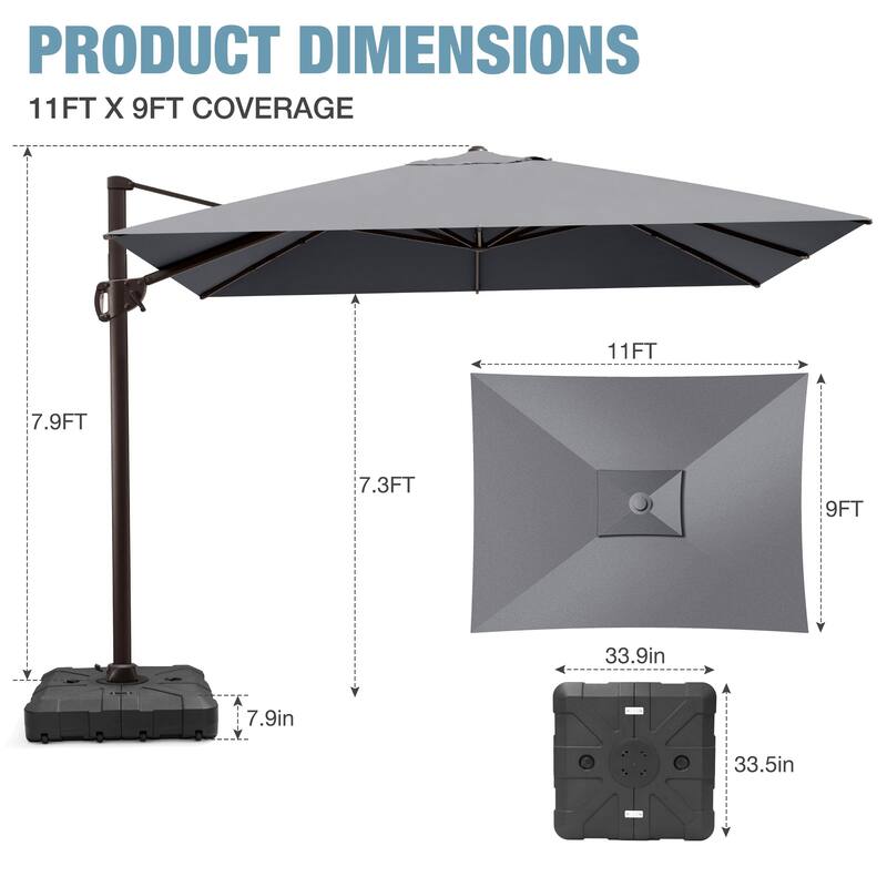 Outdoor 9 x 11 Ft Cantilever Patio Umbrella 360 Degree Rotation with HDPE Base