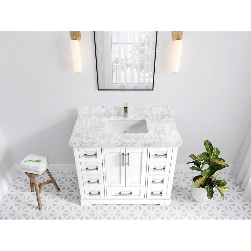 Willow Collection 42 in W x 22 in D x 36 in H Boston Single Bowl Sink Bathroom Vanity with Countertop - 2"Carrara Marble - White