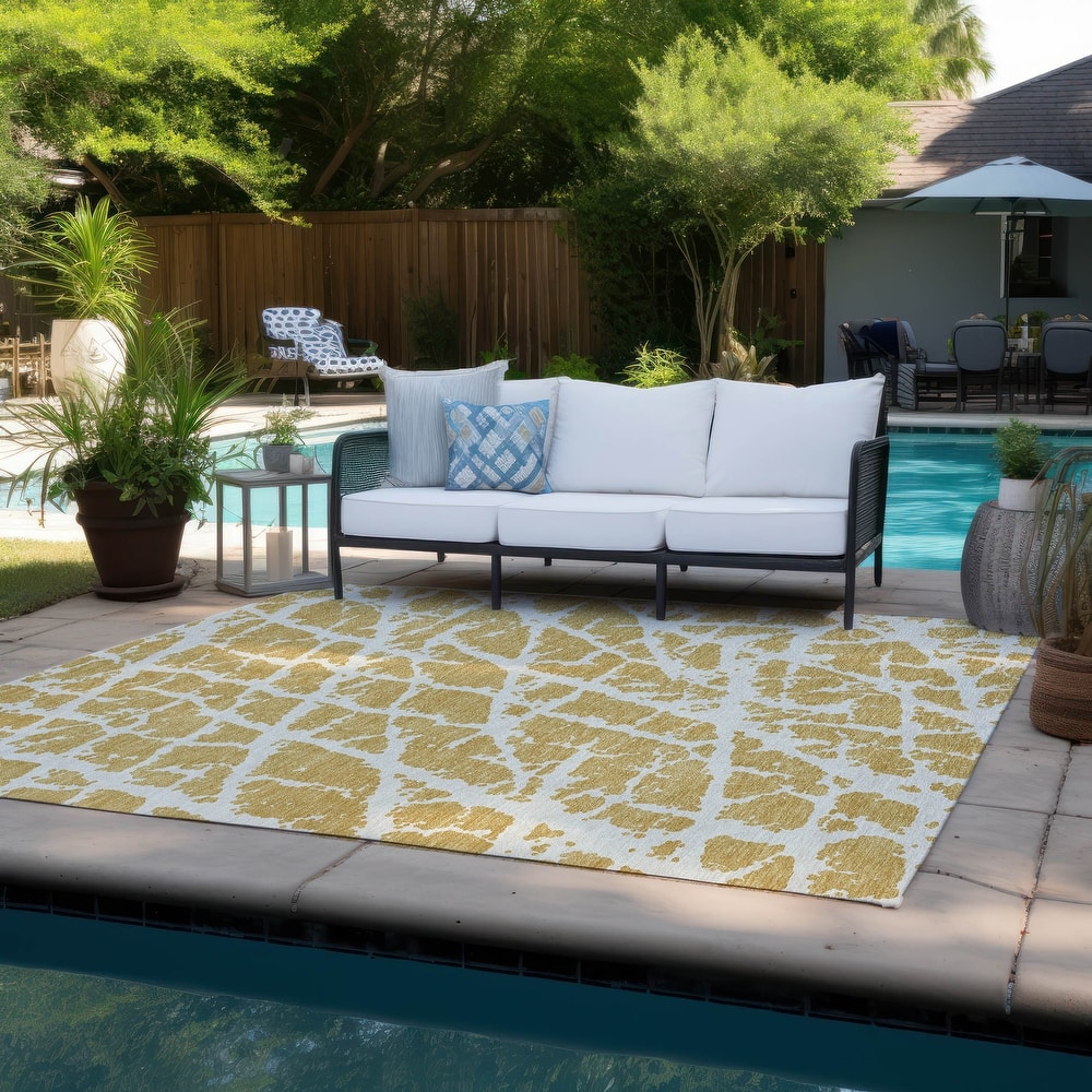 Machine Washable Indoor/ Outdoor Transitional Gold Crackle Chantille Rug