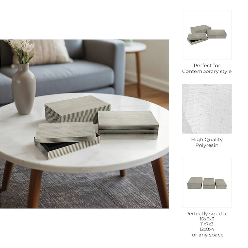 Resin Wood Storage Boxes Contemporary Design (Set of 3) - 4", 3" White - 12" x 8" x 4"