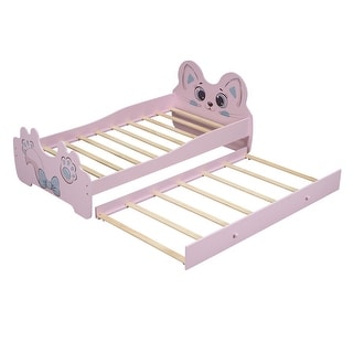 Cartoon Twin Size Platform Bed with Trundle & Cute Headboard, Wooden Bed Frame, No Box Spring Required/Easy Assembly Pink+Blue