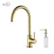 Lead Free Solid Brass High Arc Single Level Bar Prep Kitchen Faucet with Single Handle - Brushed Gold W/ Soap Dispenser