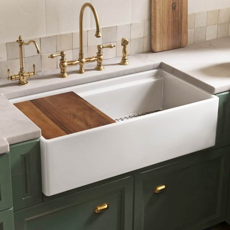 36" Reversible Single Bowl Fireclay Sink Set with a Smooth Front Apron, Walnut Wood Cutting Board and Stainless Steel Grid