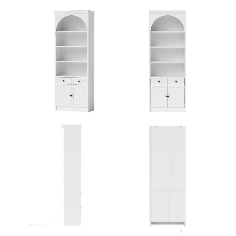 Modular White Bookcase with LED Lights & Glass Doors, 86.6" Tall Arched Display Cabinet Solid WoodStorage Cabinet