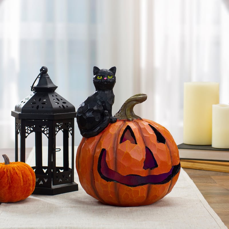 10" LED Lighted Jack-O-Lantern and Black Cat Tabletop Halloween Figure
