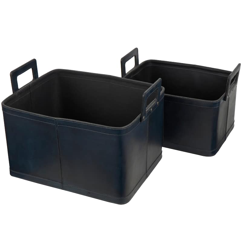 Sleek Leather Modern Storage Basket with Handles (Set of 2) - Dark Blue or Brown