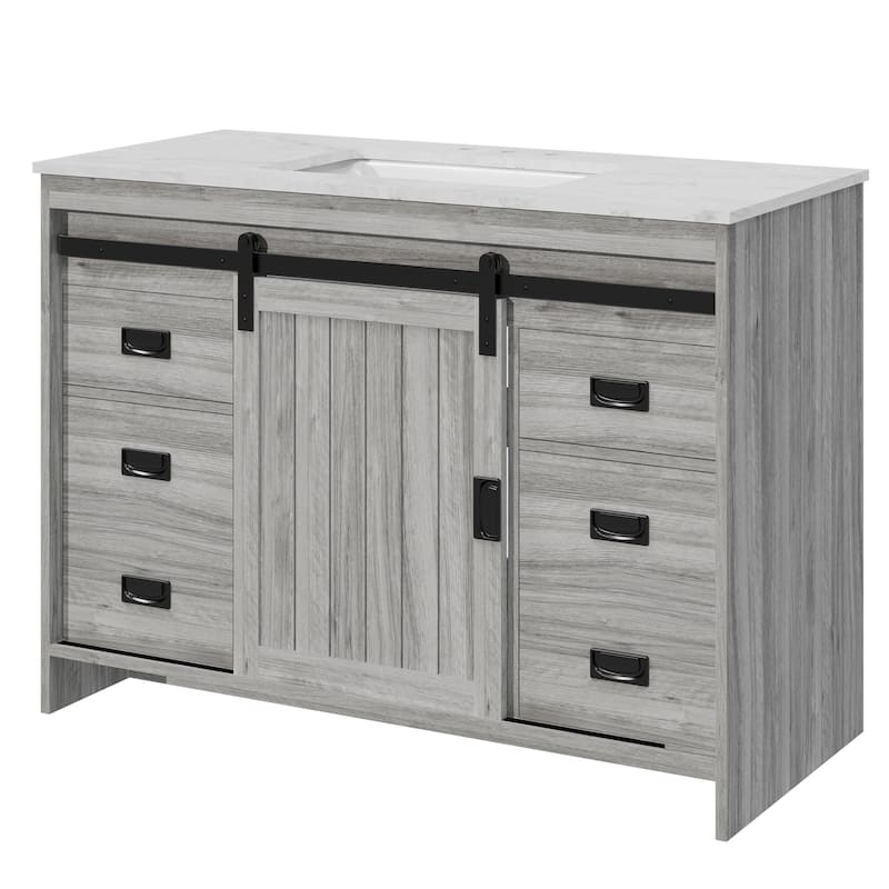 EROMMY Farmhouse Bathroom Vanity with Ceramic Top and Sliding Barn Door Sink Cabinet