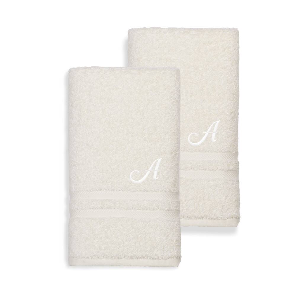 Authentic Hotel and Spa Omni Turkish Cotton Terry Set of 2 Cream Hand Towels with White Script Monogrammed Initial